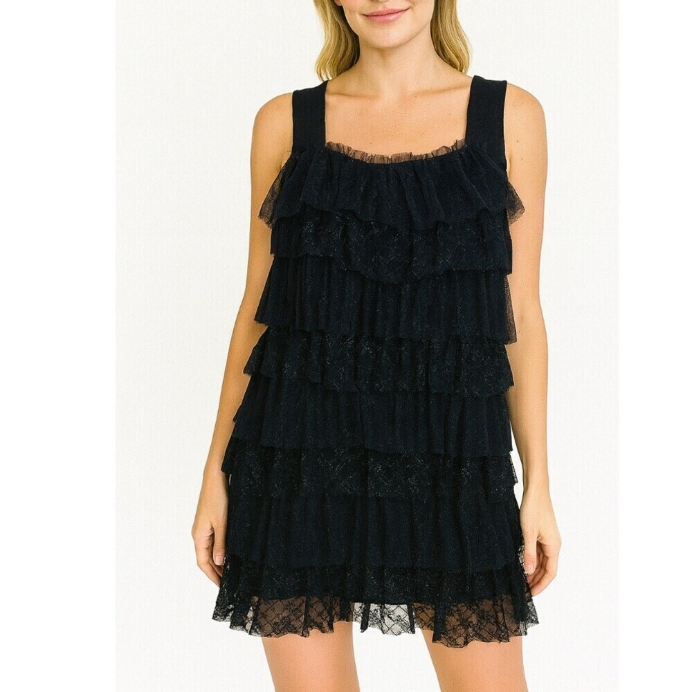 LOGIX tiered ruffle blouse sleeveless lace top black square neck tunic Plus 1XL